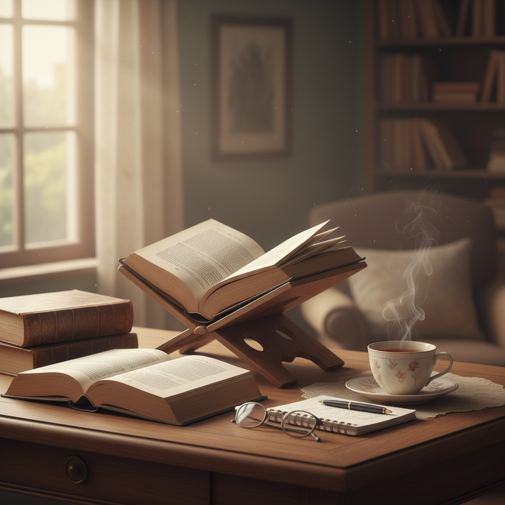 Bureau de lecture avec des livres ouverts, une tasse de thé et un carnet, lumière naturelle douce, atmosphère studieuse et concentrée propice à la lecture approfondie