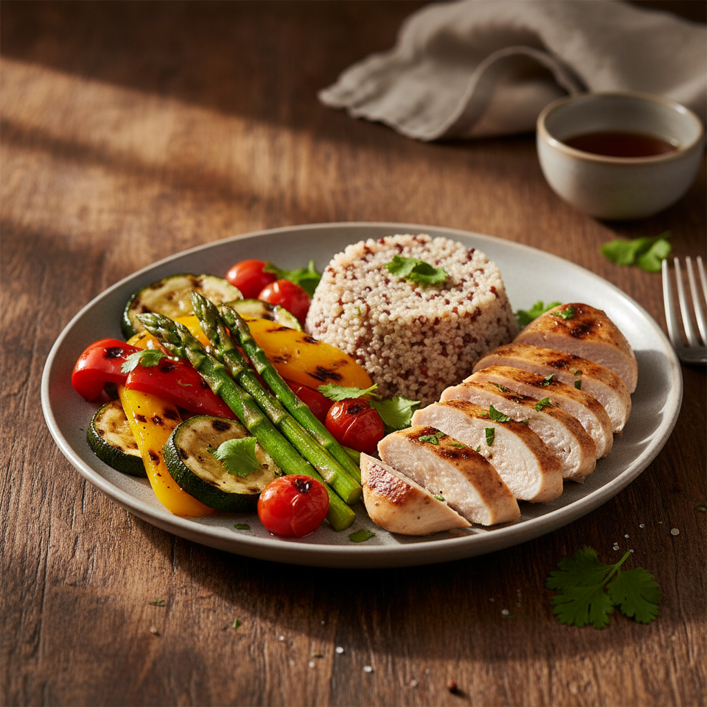 Assiette équilibrée avec des légumes grillés, du quinoa et des protéines maigres, présentation soignée sur table en bois, lumière chaude de côté