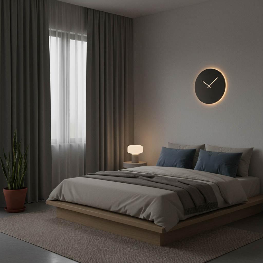 Chambre minimaliste baignée dans une obscurité douce avec rideaux épais, horloge indiquant l'heure du coucher, atmosphère propice à un sommeil profond et réparateur