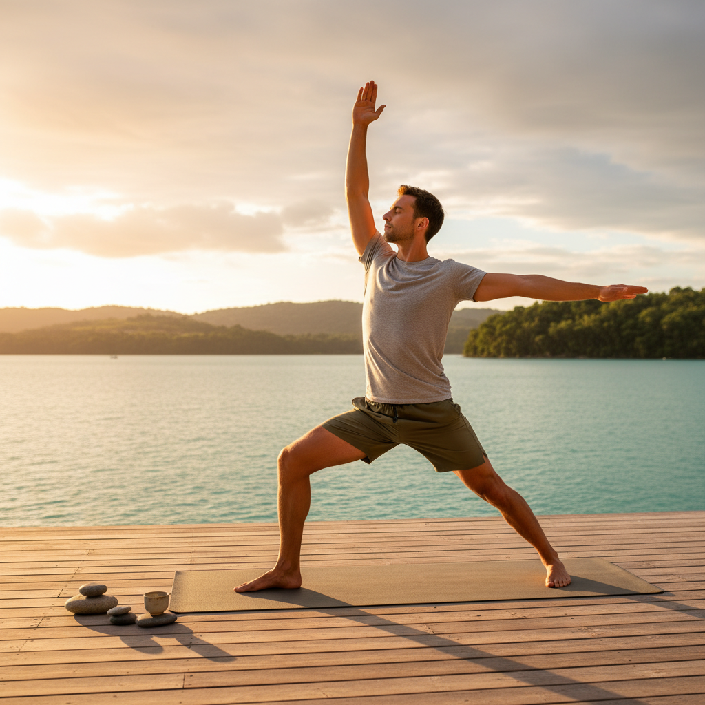 Homme pratiquant du yoga en plein air sur un tapis au bord d'un lac calme, posture de concentration, atmosphère matinale apaisante
