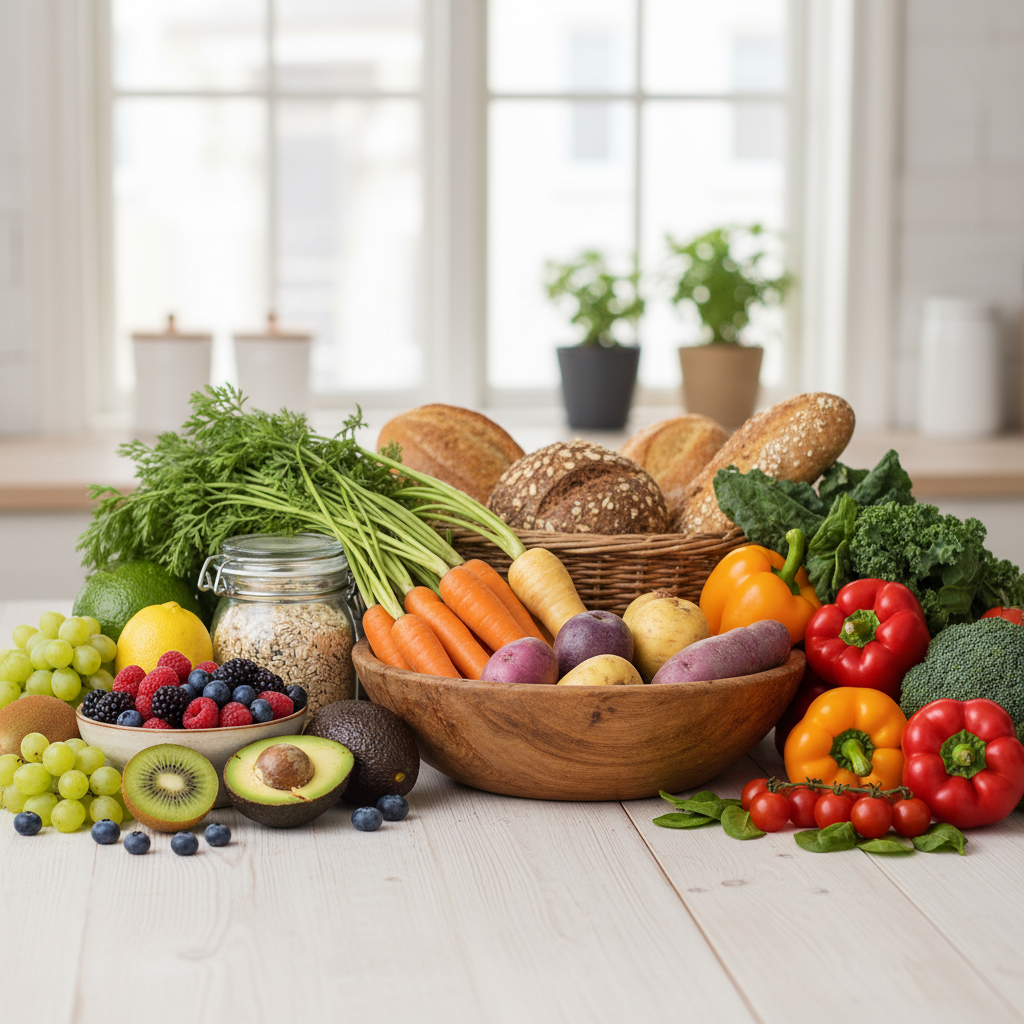 Assortiment de légumes frais, céréales complètes et fruits disposés avec soin sur une table en bois naturel, composition harmonieuse en lumière naturelle