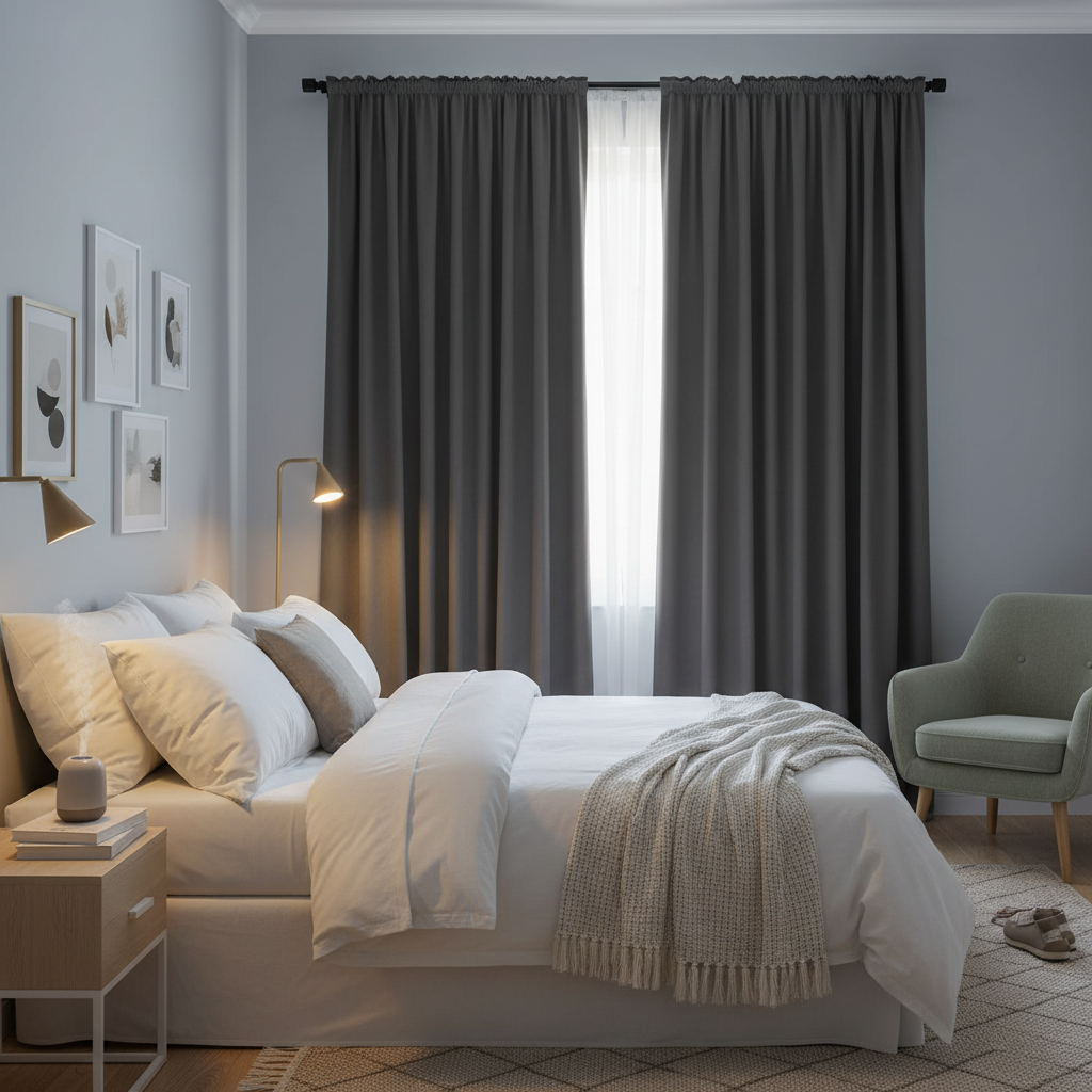 Chambre apaisante avec rideaux occultants fermés, lumière tamisée d'une veilleuse, environnement calme propice à un sommeil profond et réparateur